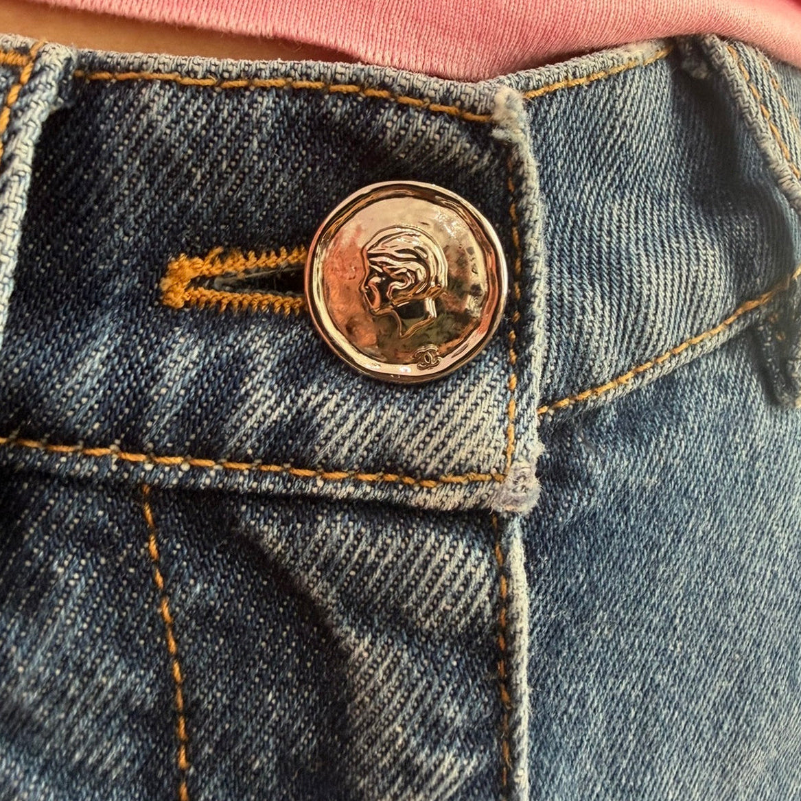 Chanel Blue Wide Leg Jeans Crystal Feather