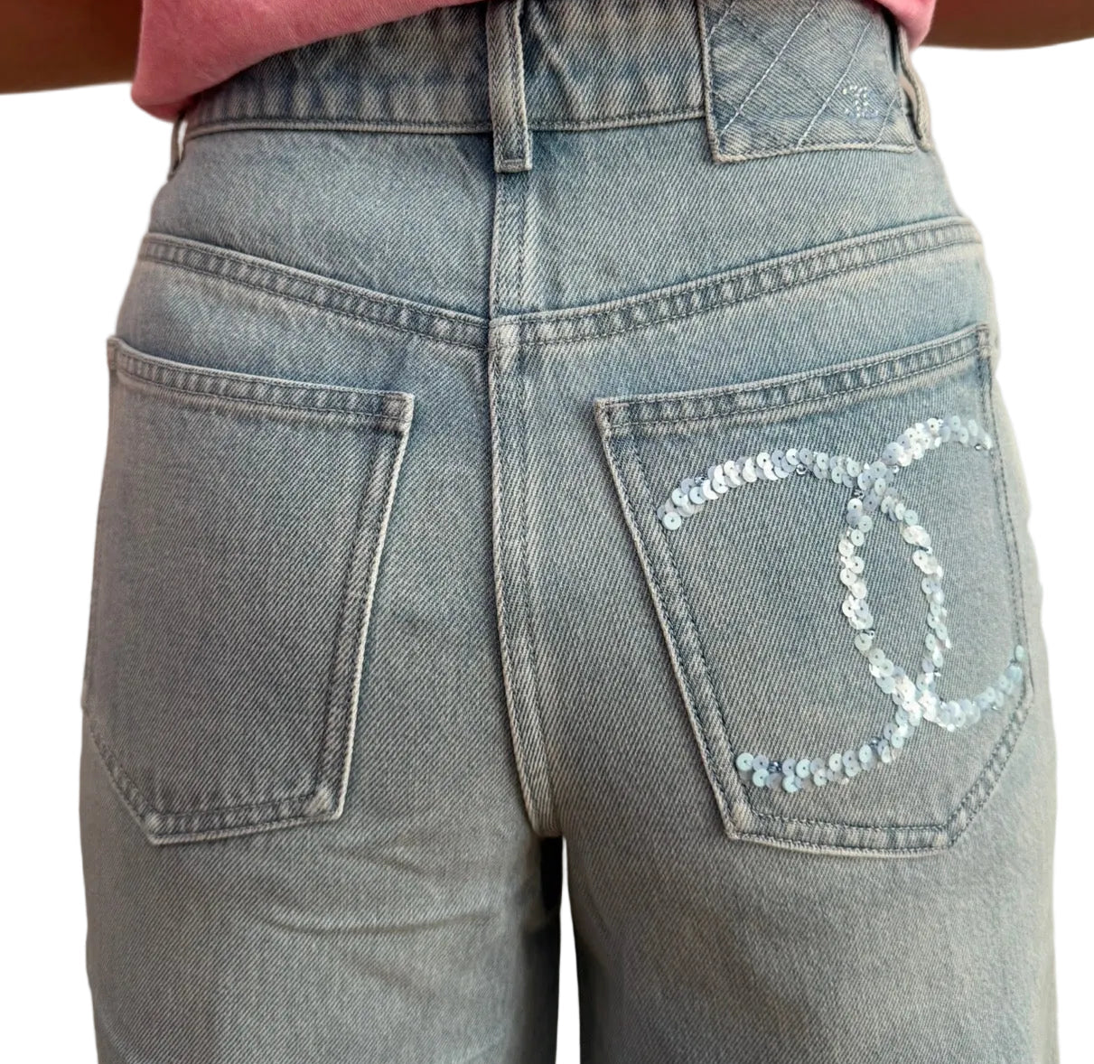 CHANEL Light Blue Wide Leg Jeans Light Blue CC Sequins