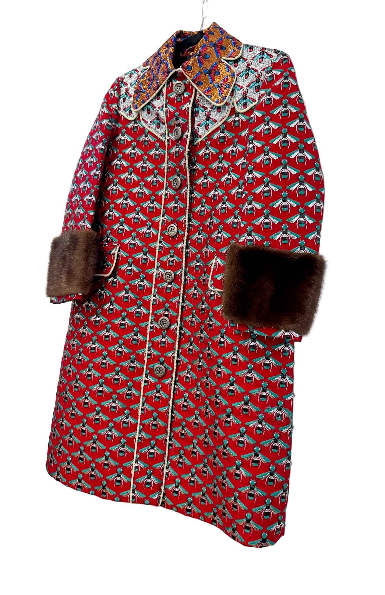 GUCCI Metallic Multicolor Coat with Bees and Mink on Cuffs