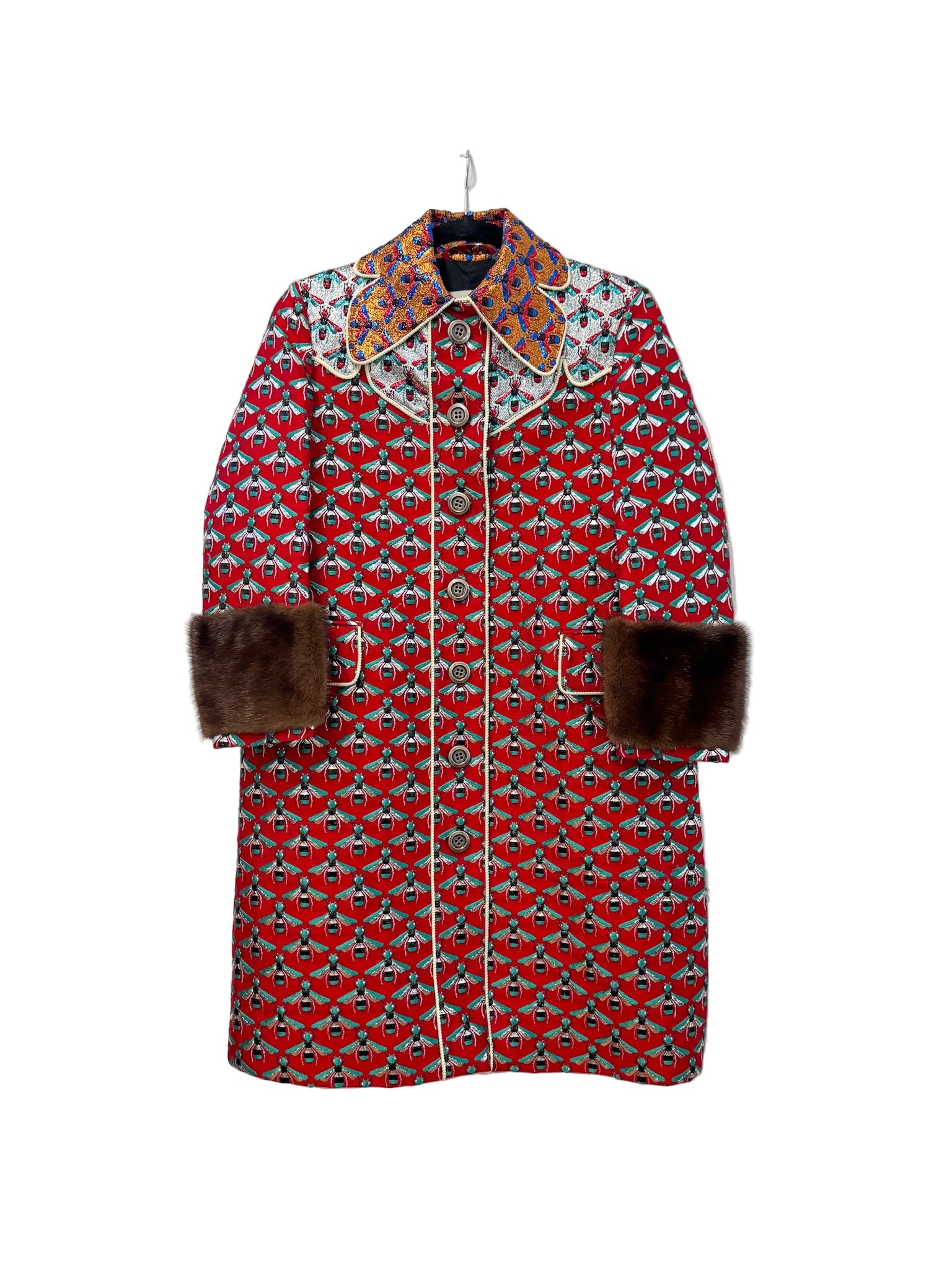 GUCCI Metallic Multicolor Coat with Bees and Mink on Cuffs