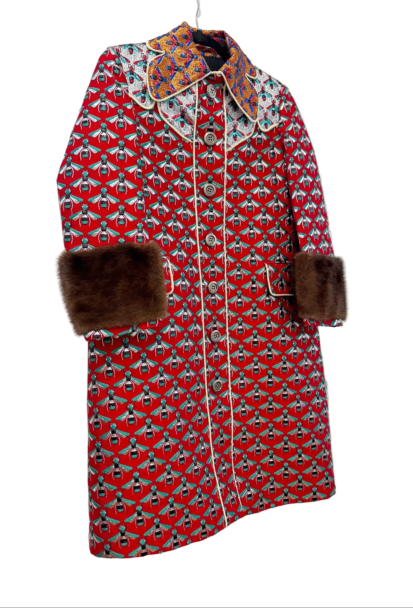 GUCCI Metallic Multicolor Coat with Bees and Mink on Cuffs