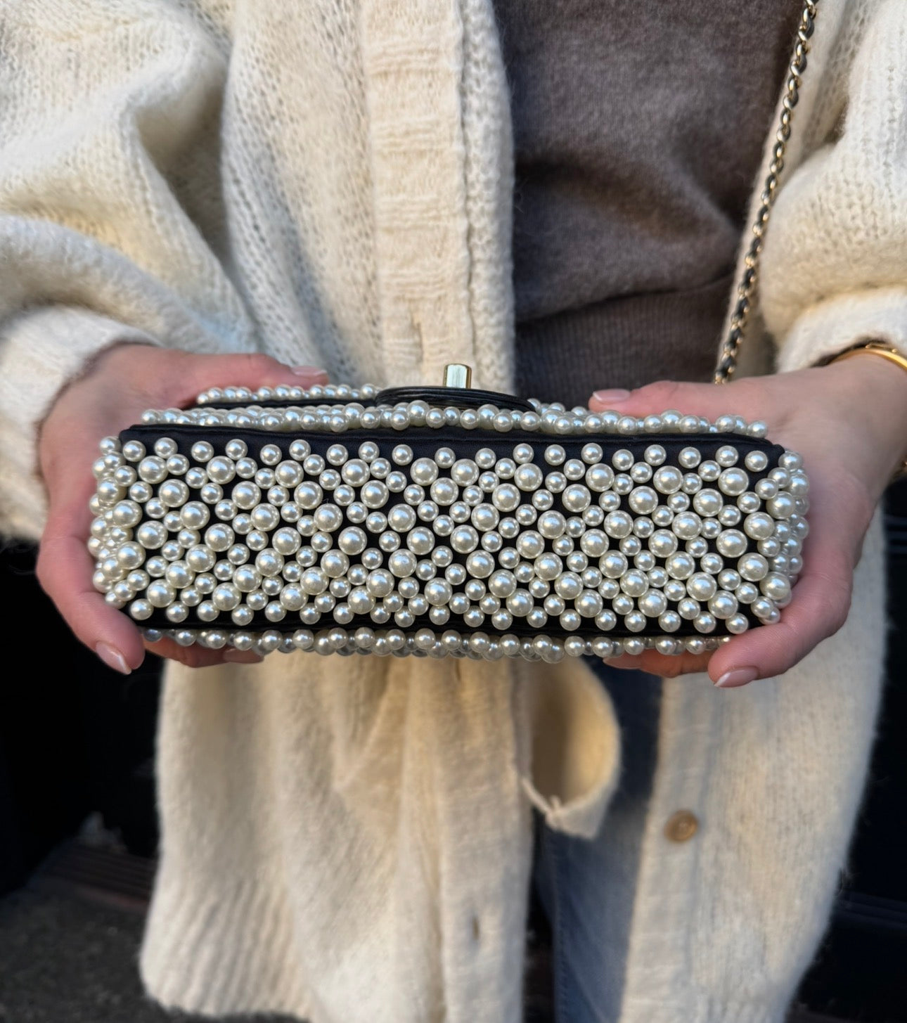 Chanel 2019 SS Black with White Pearls Mini Classic Flapbag