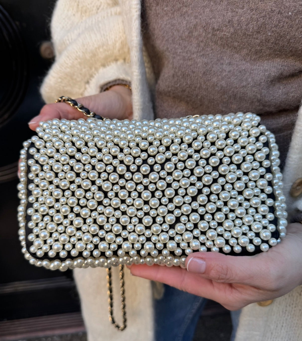 Chanel 2019 SS Black with White Pearls Mini Classic Flapbag