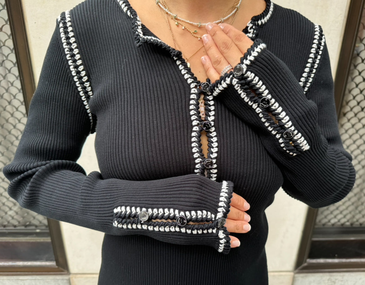 Chanel Black Cotton Long Sleeve Dress with White Detail