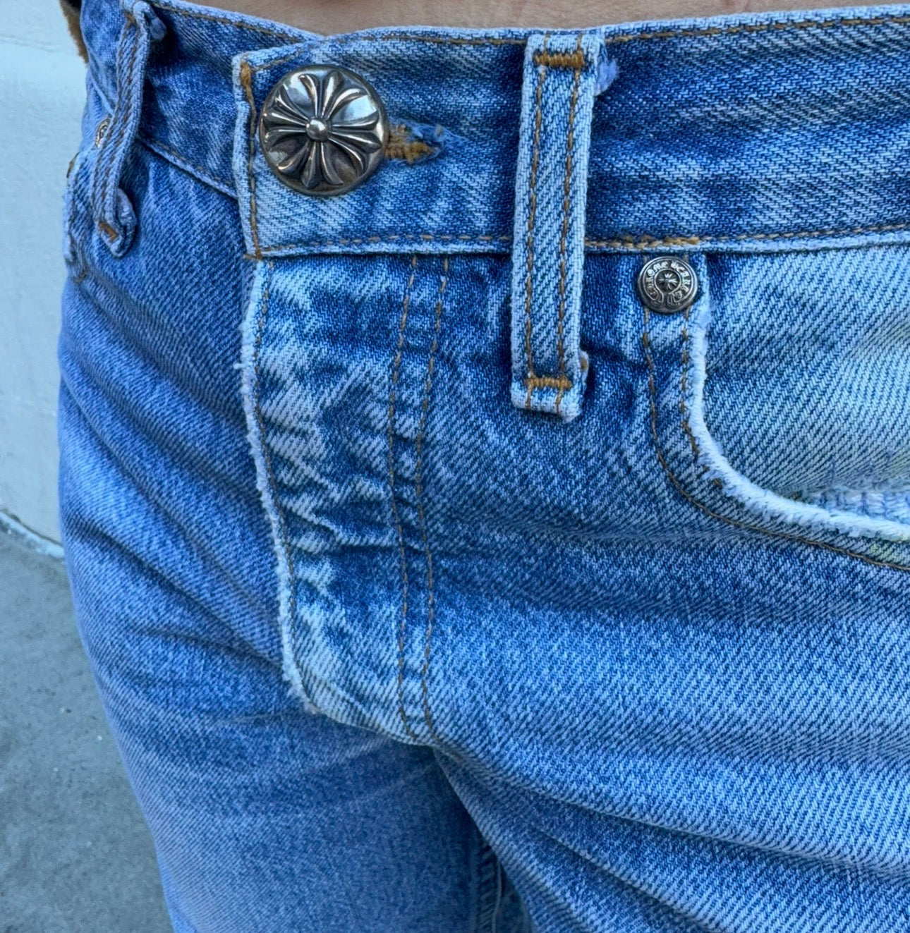Chrome Hearts x Levi's Light Blue Jeans Gray White Camo Print Cross Leather Patch