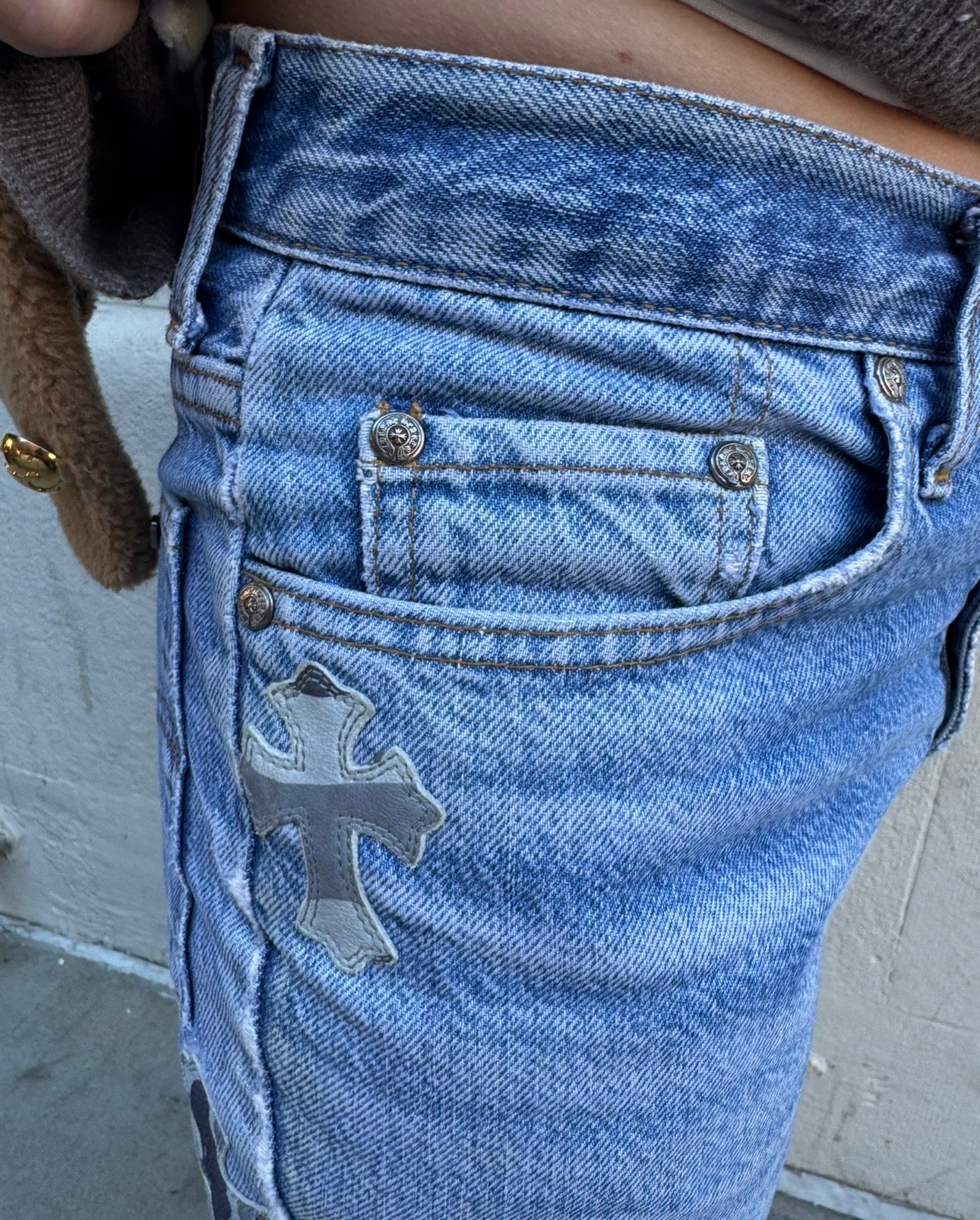 Chrome Hearts x Levi's Light Blue Jeans Gray White Camo Print Cross Leather Patch