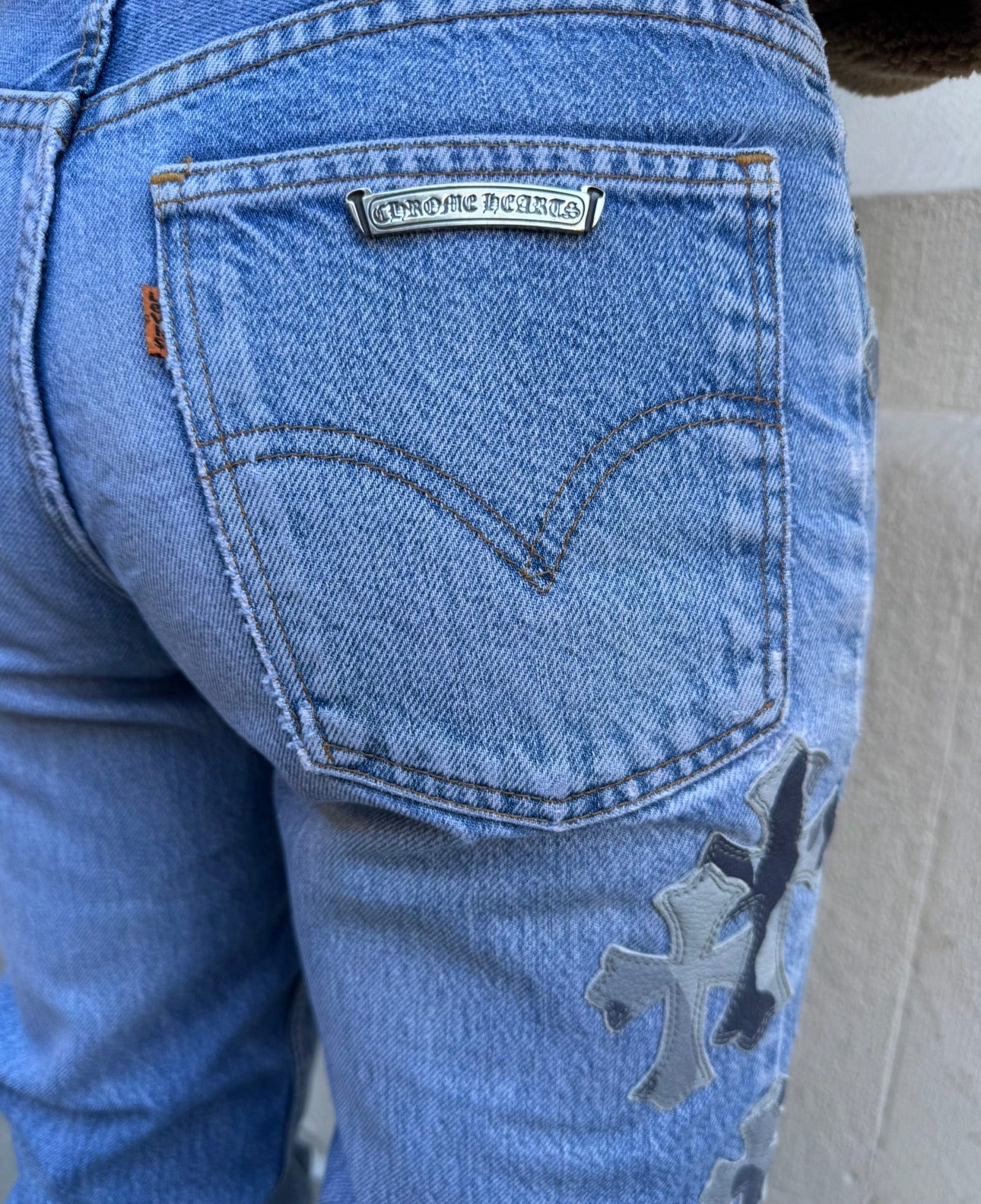 Chrome Hearts x Levi's Light Blue Jeans Gray White Camo Print Cross Leather Patch