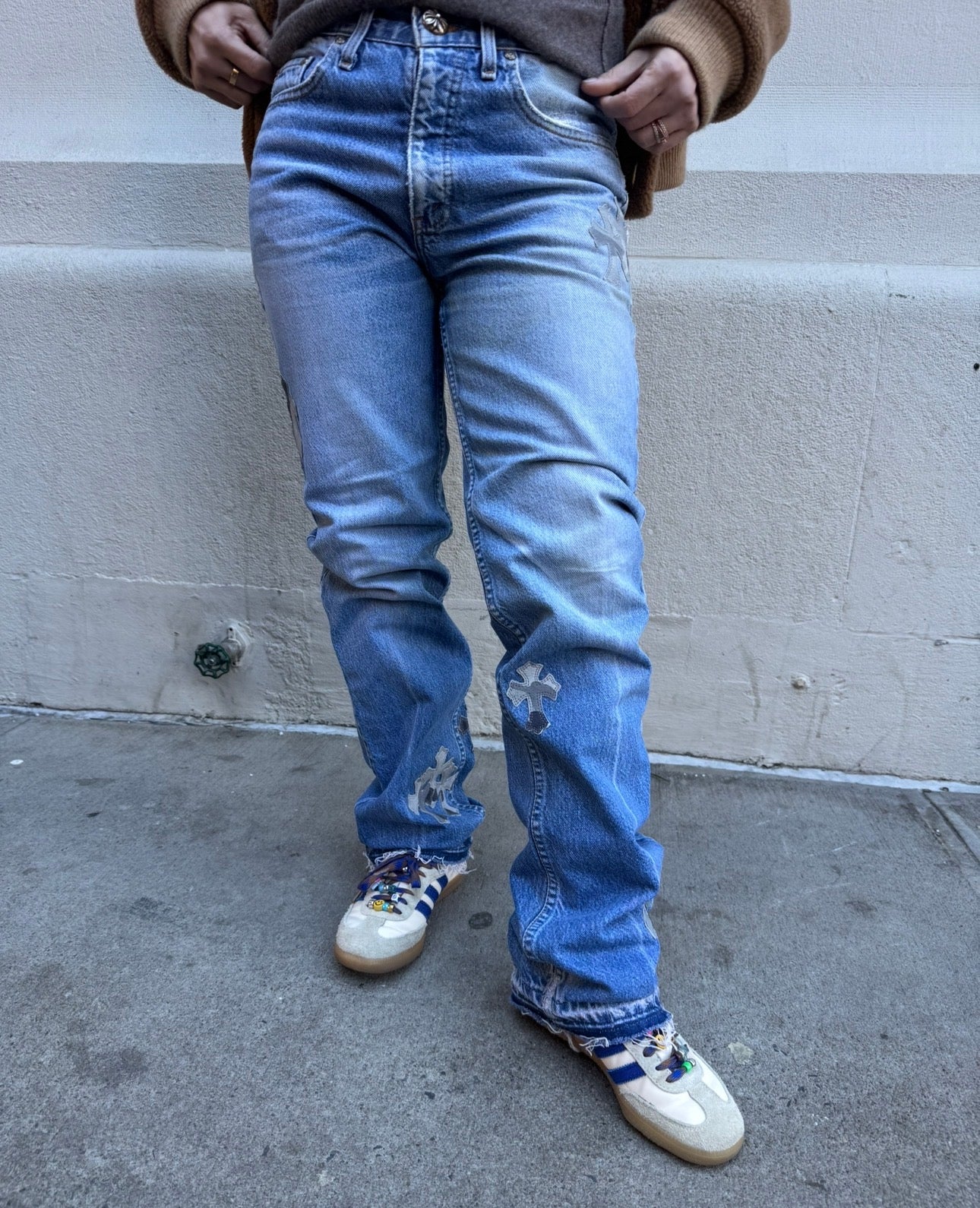 Chrome Hearts x Levi's Light Blue Jeans Gray White Camo Print Cross Leather Patch