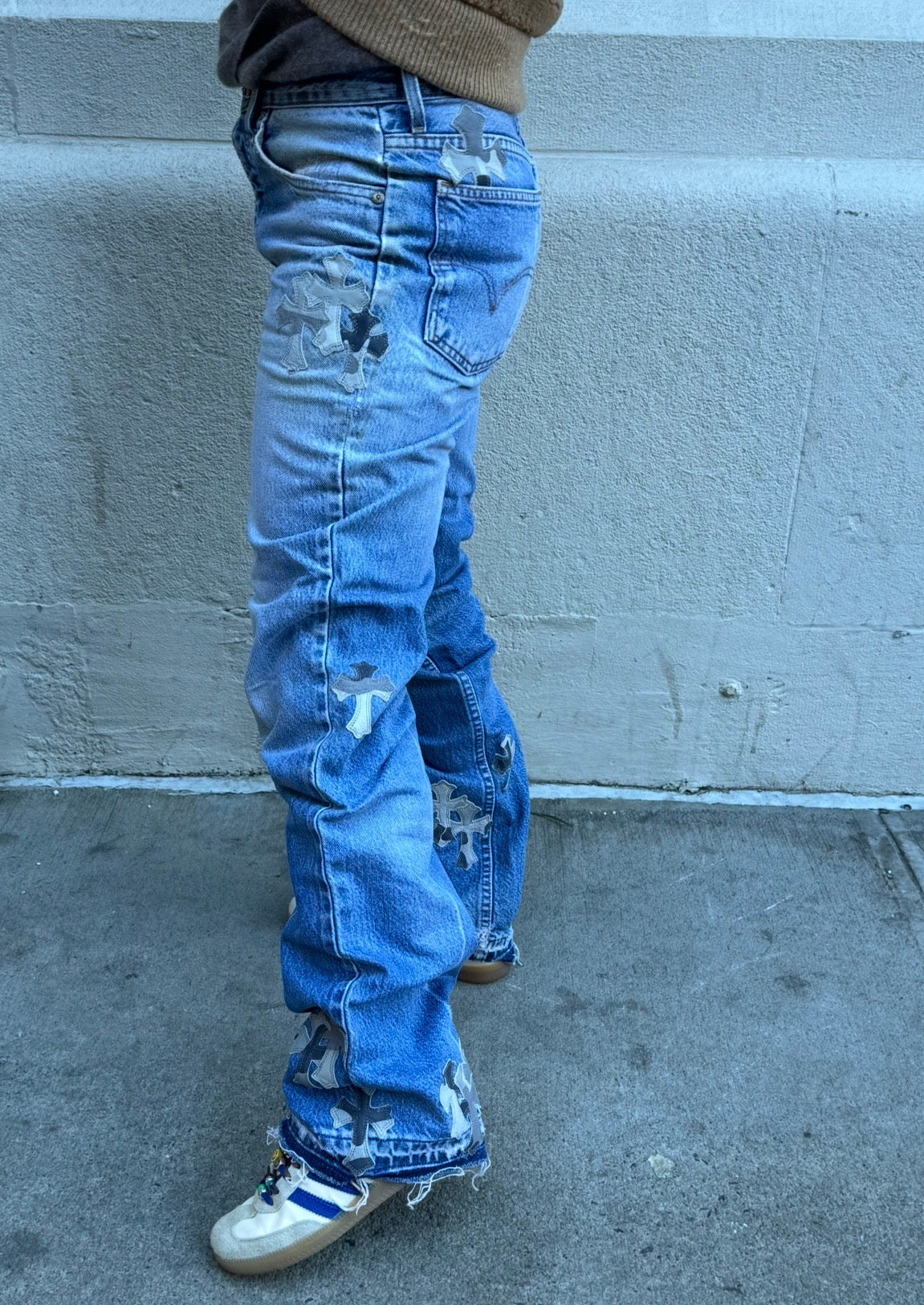 Chrome Hearts x Levi's Light Blue Jeans Gray White Camo Print Cross Leather Patch