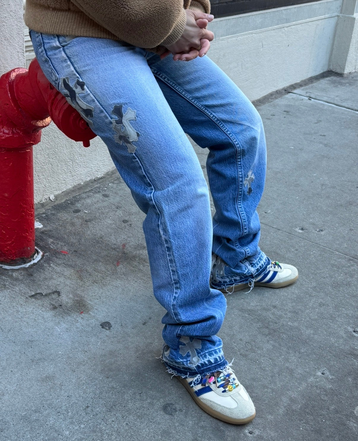 Chrome Hearts x Levi's Light Blue Jeans Gray White Camo Print Cross Leather Patch