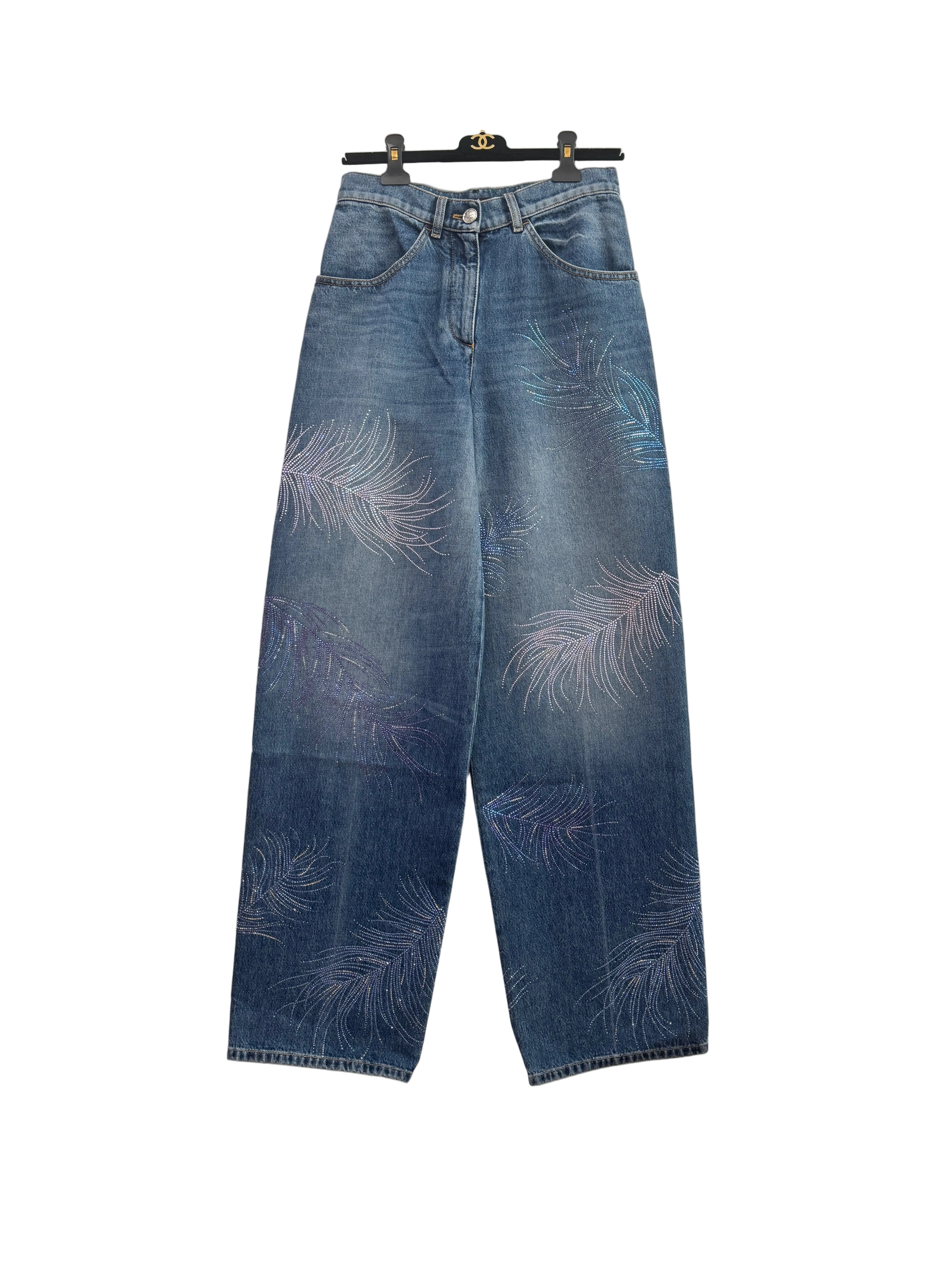 Chanel Blue Wide Leg Jeans Crystal Feather - Size FR 36