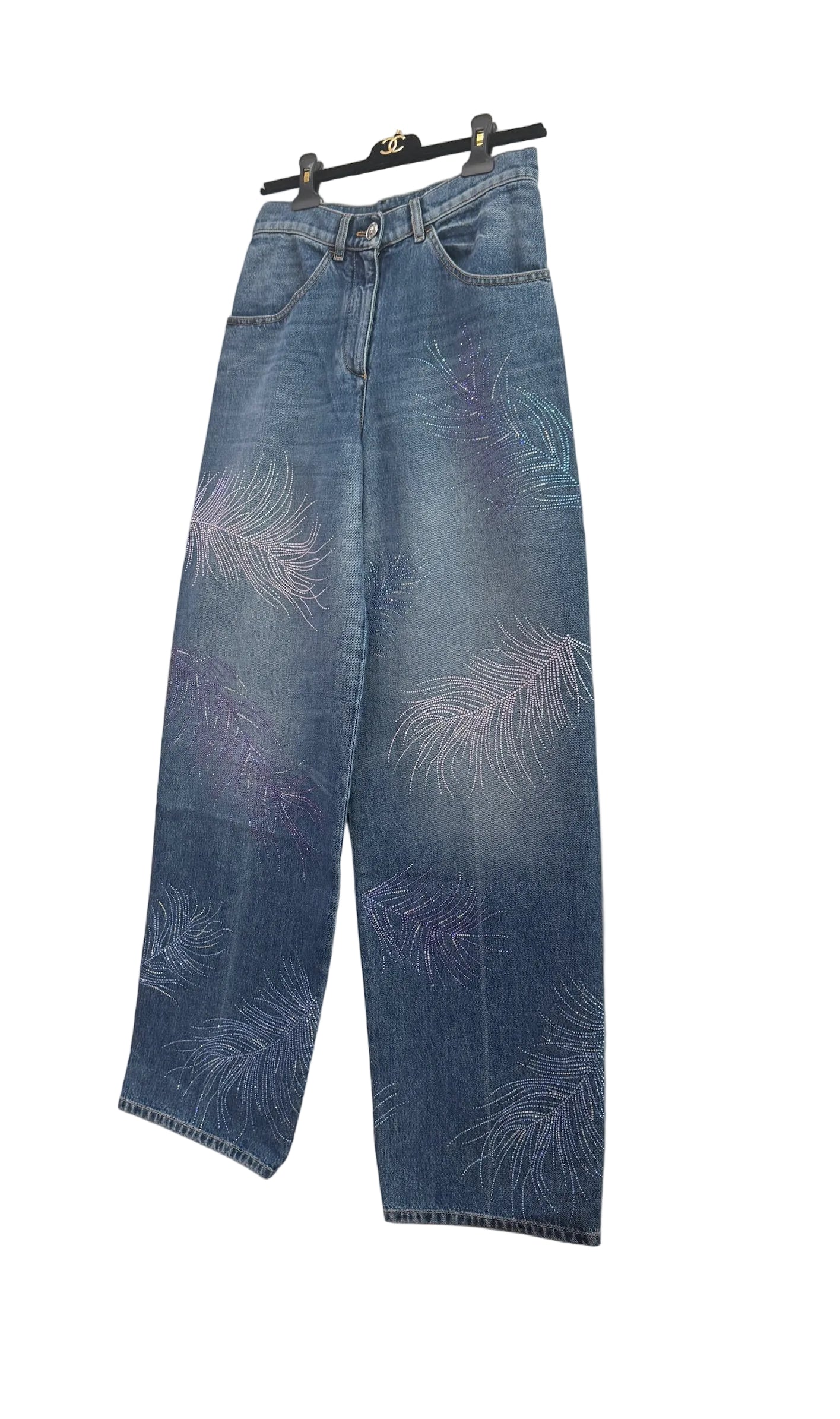 Chanel Blue Wide Leg Jeans Crystal Feather