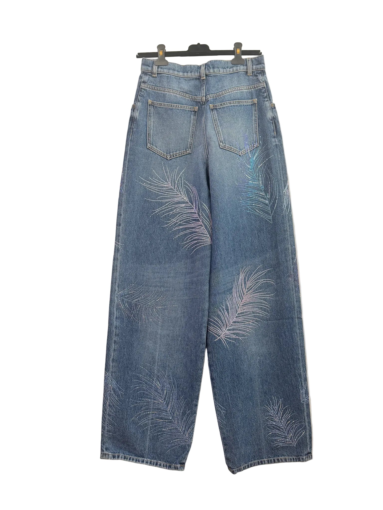 Chanel Blue Wide Leg Jeans Crystal Feather