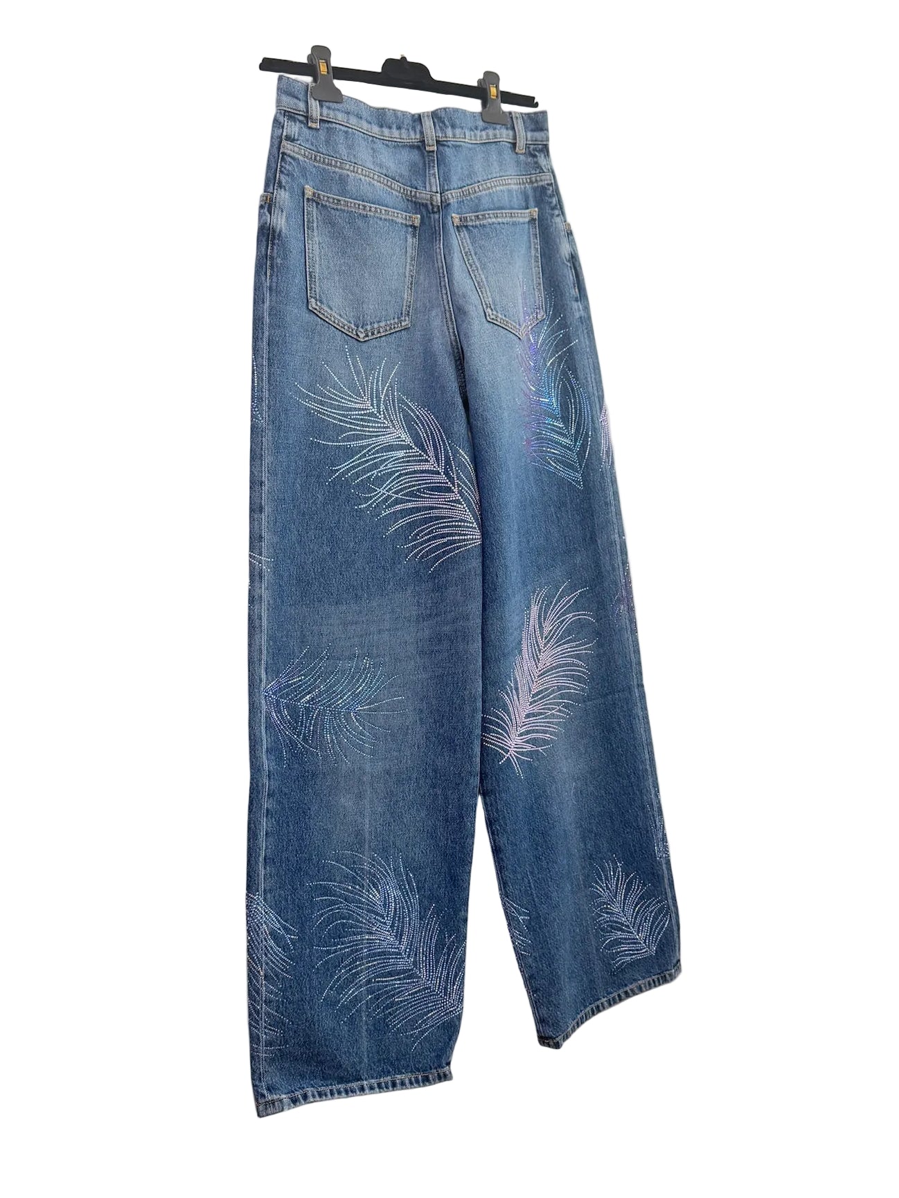 Chanel Blue Wide Leg Jeans Crystal Feather
