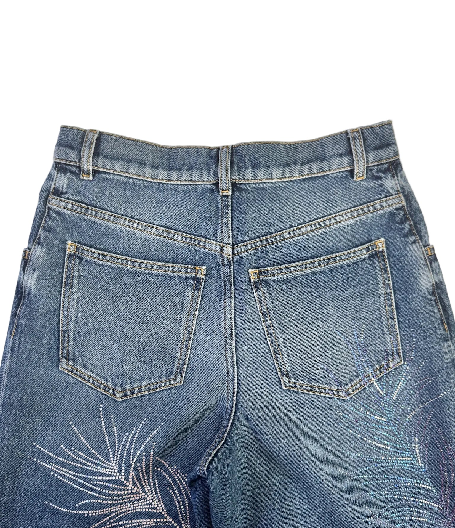 Chanel Blue Wide Leg Jeans Crystal Feather