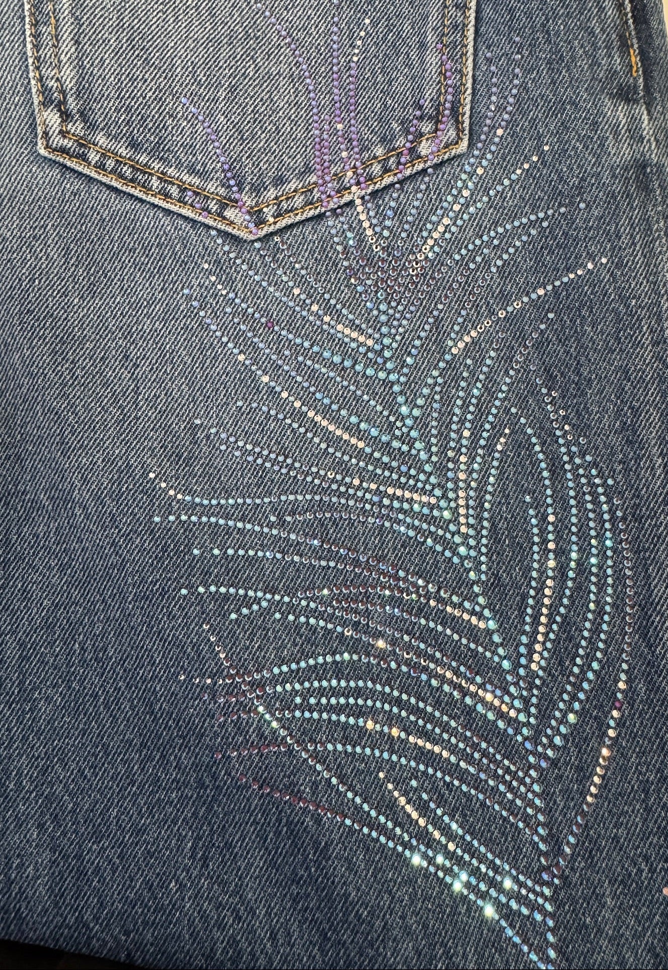Chanel Blue Wide Leg Jeans Crystal Feather