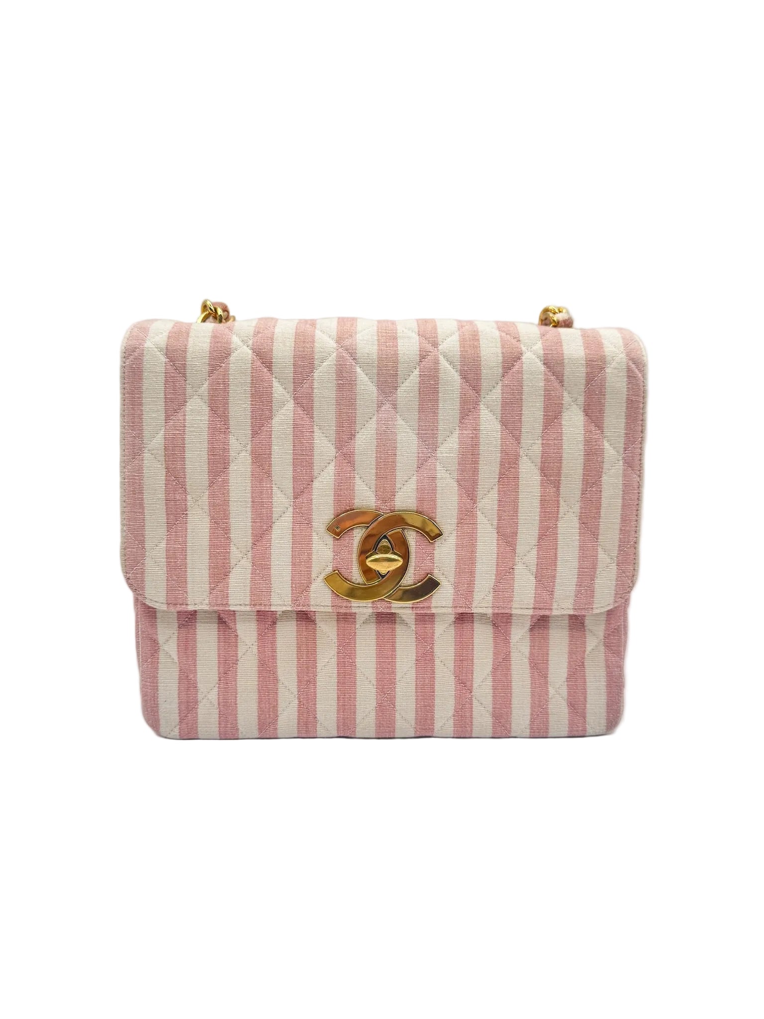 CHANEL 1990s Vintage Pink and White Stripe Flapbag
