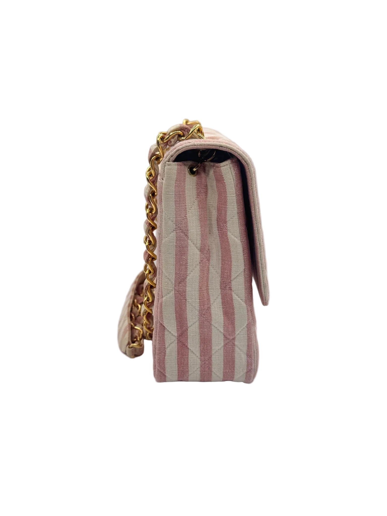 CHANEL 1990s Vintage Pink and White Stripe Flapbag