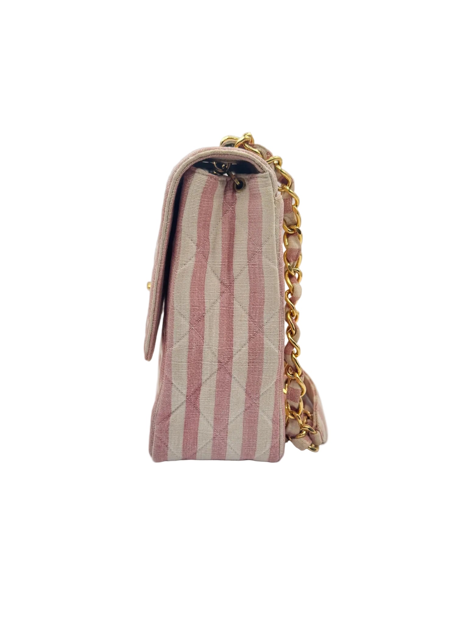 CHANEL 1990s Vintage Pink and White Stripe Flapbag