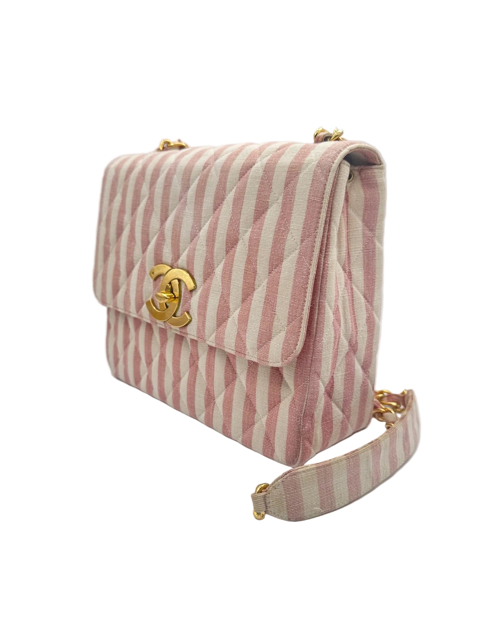 CHANEL 1990s Vintage Pink and White Stripe Flapbag
