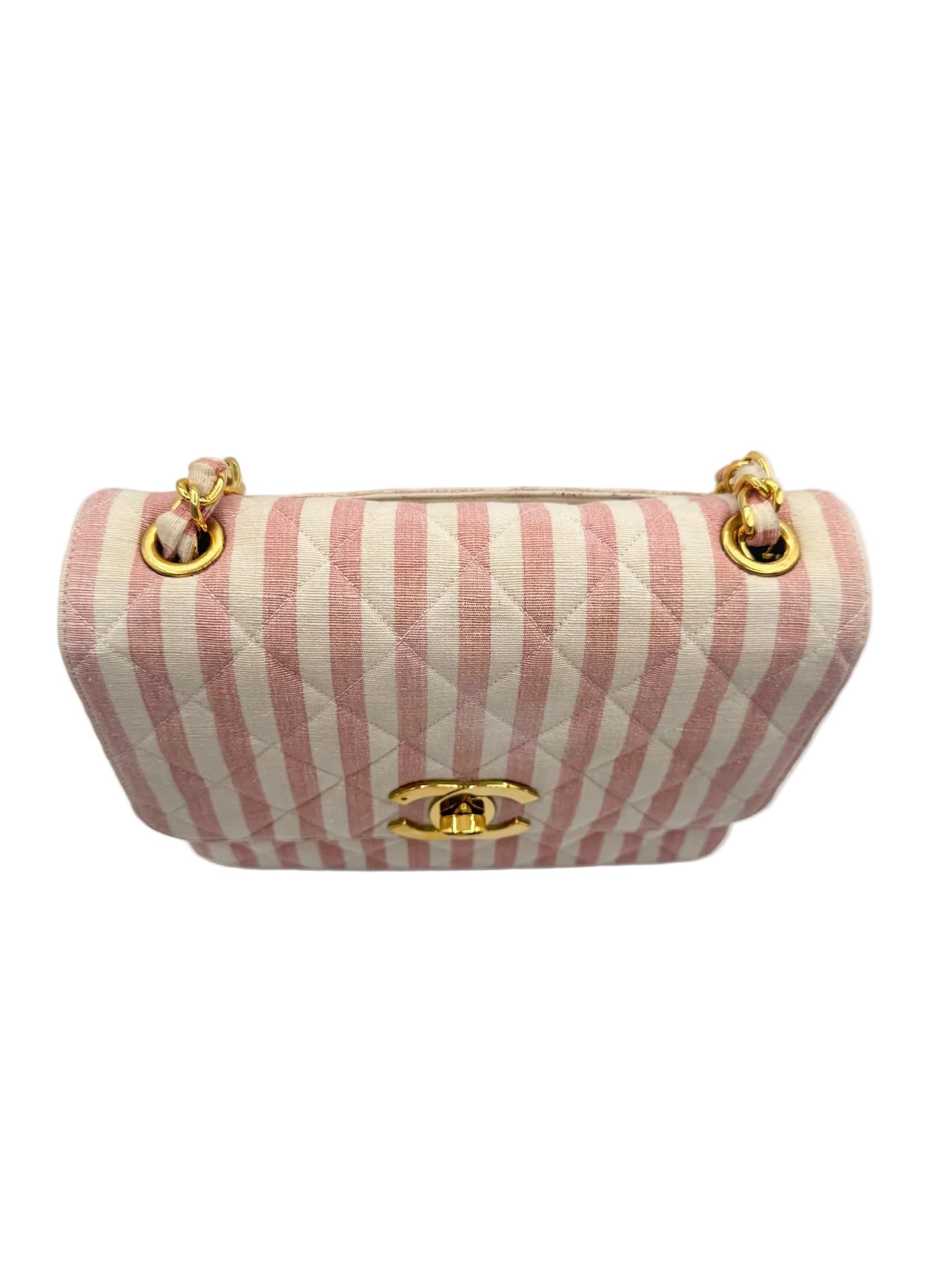 CHANEL 1990s Vintage Pink and White Stripe Flapbag