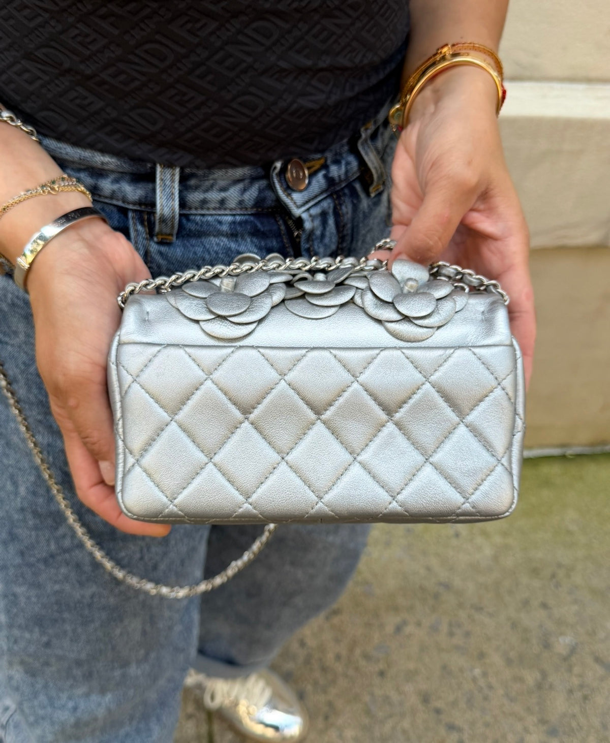 Chanel Silver Camellia Mini Flapbag