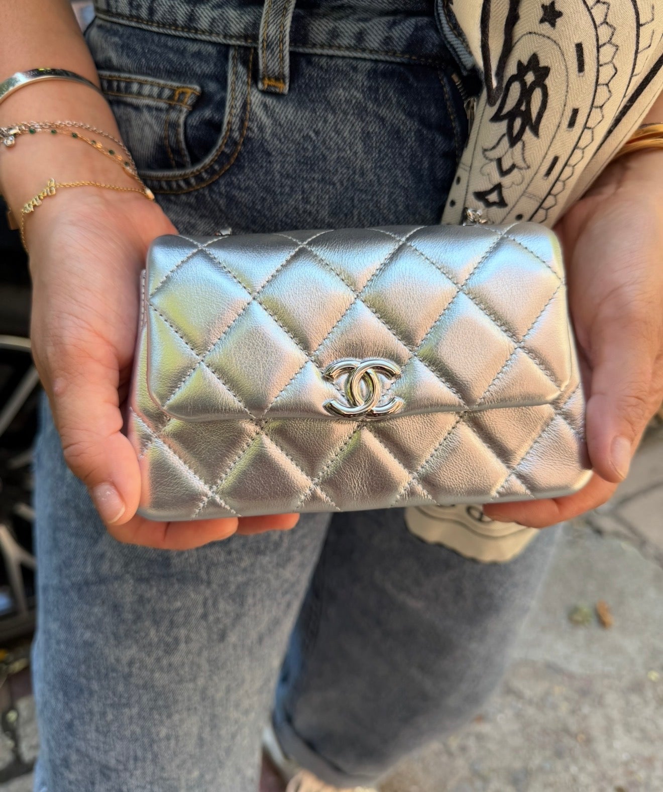 CHANEL Silver Metallic Micro Flapbag