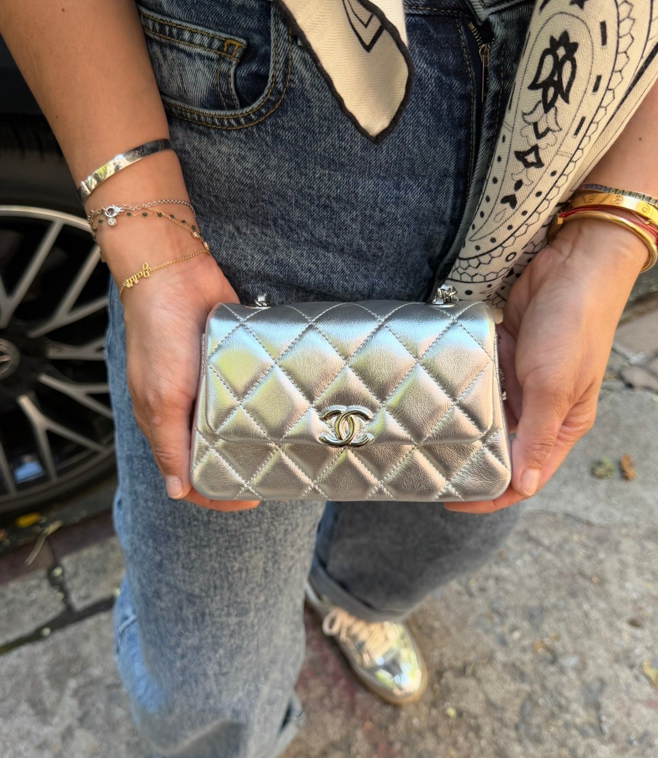 CHANEL Silver Metallic Micro Flapbag
