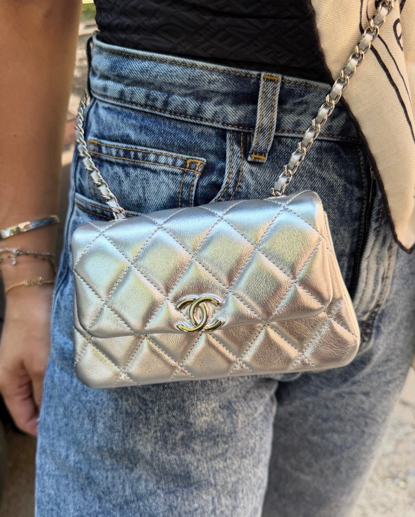 CHANEL Silver Metallic Micro Flapbag