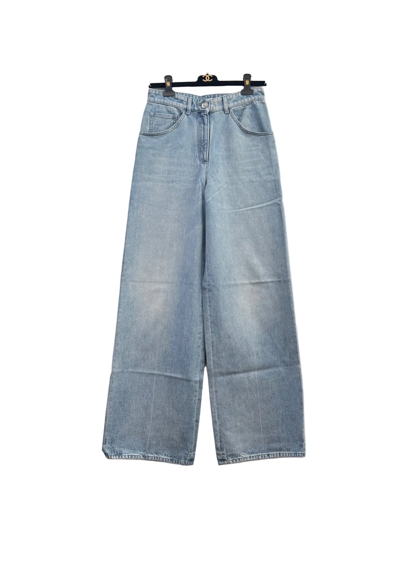 CHANEL Light Blue Wide Leg Jeans Light Blue CC Sequins