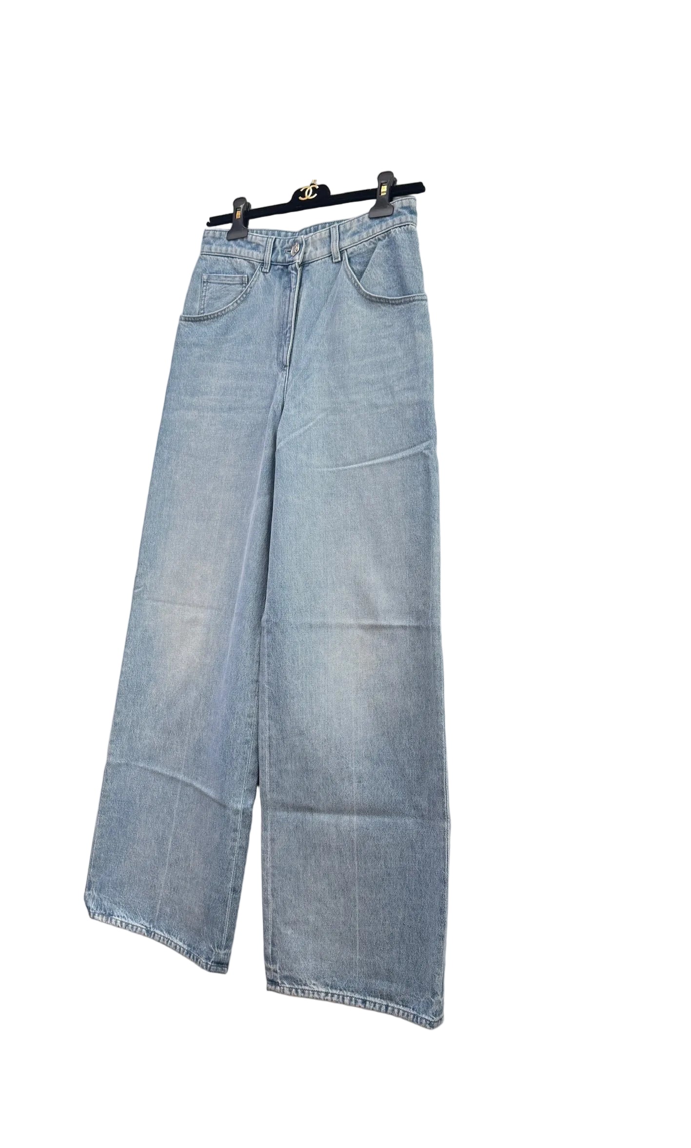 CHANEL Light Blue Wide Leg Jeans Light Blue CC Sequins