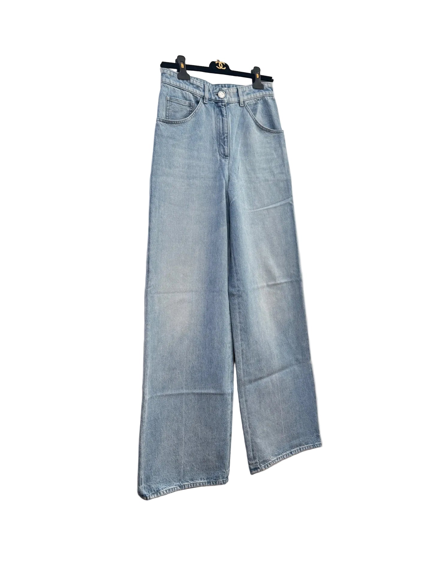 CHANEL Light Blue Wide Leg Jeans Light Blue CC Sequins