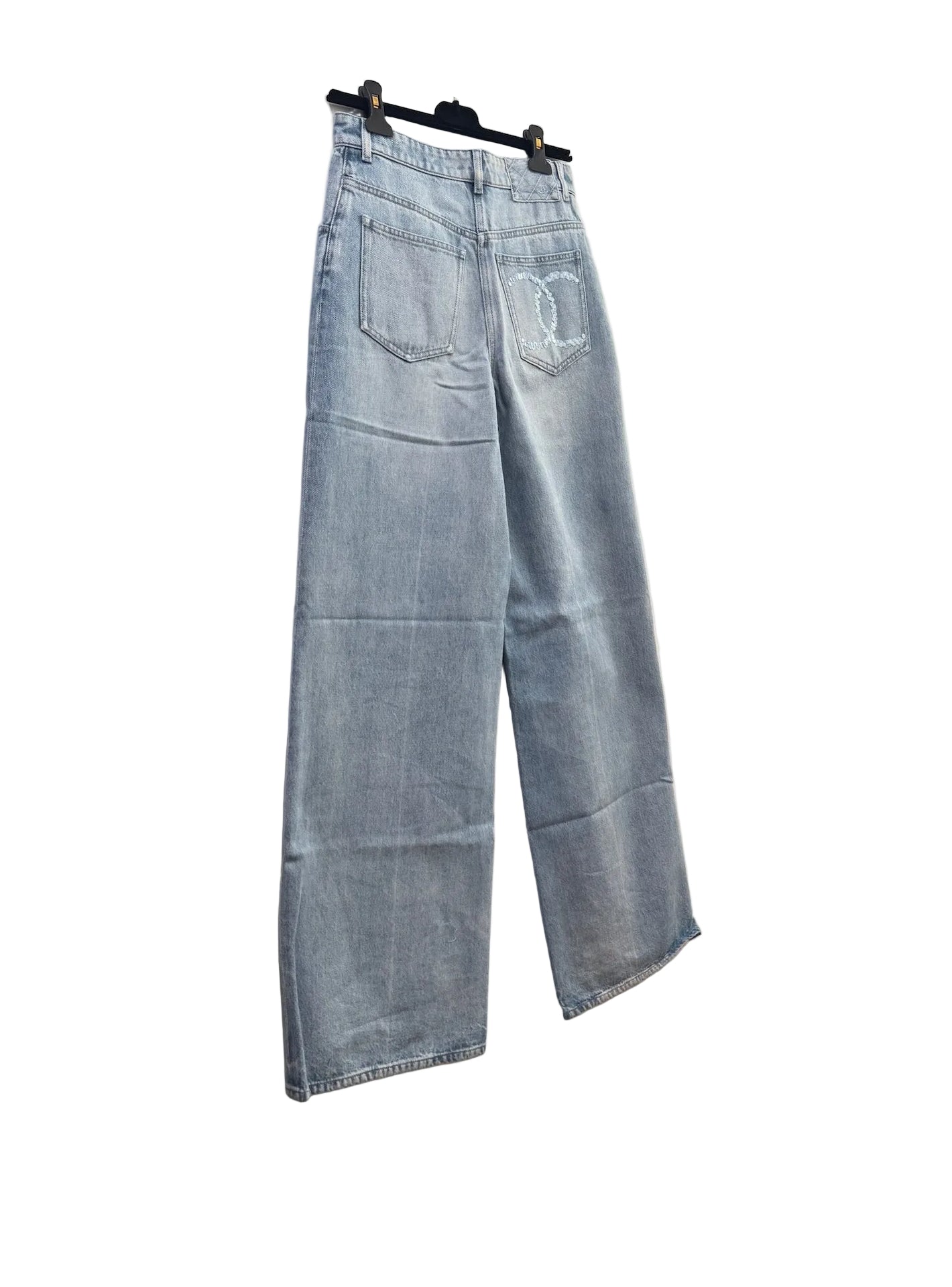 CHANEL Light Blue Wide Leg Jeans Light Blue CC Sequins