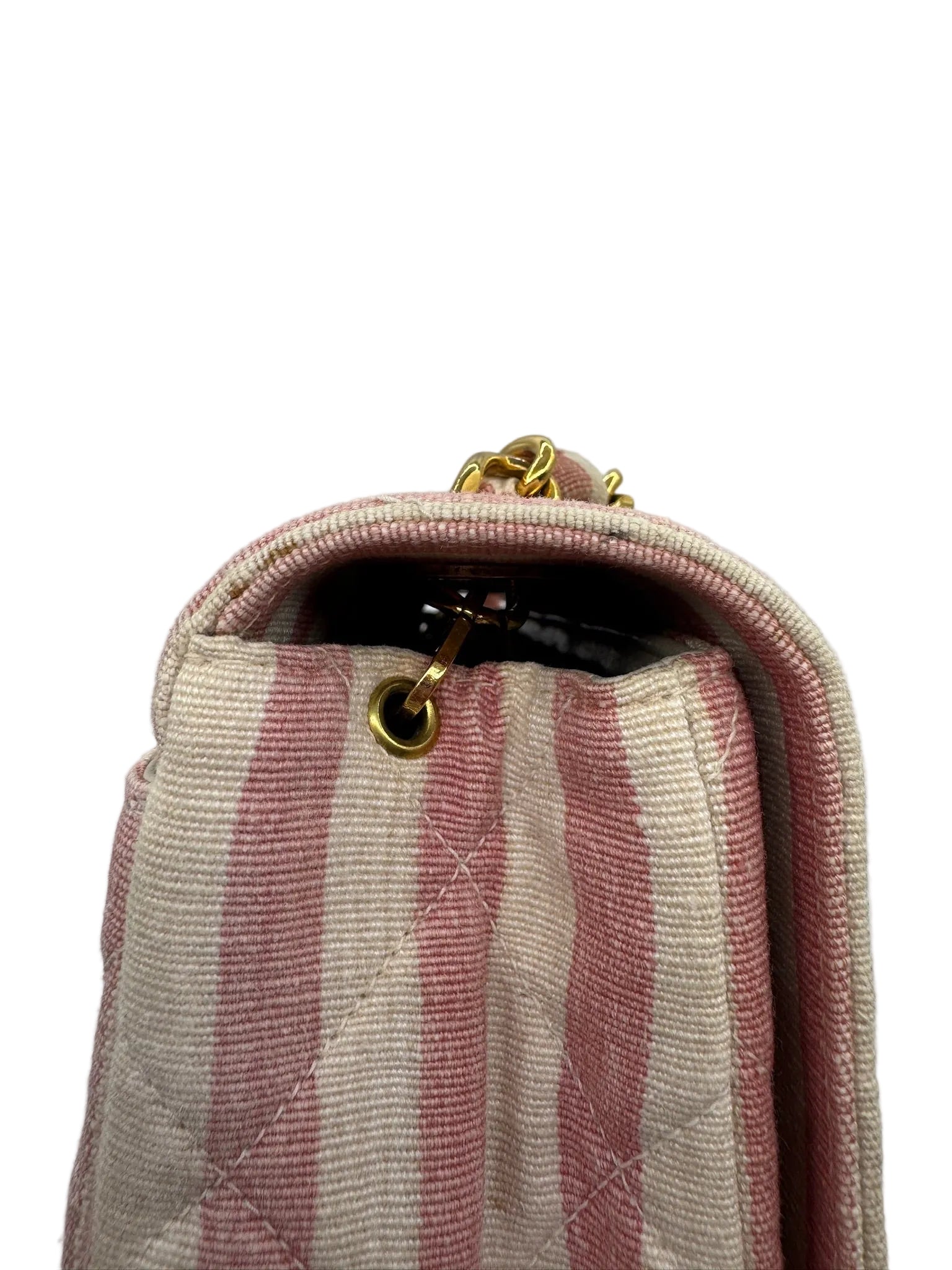 CHANEL 1990s Vintage Pink and White Stripe Flapbag