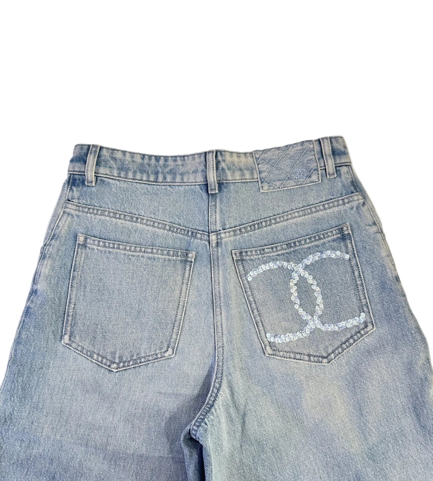 CHANEL Light Blue Wide Leg Jeans Light Blue CC Sequins