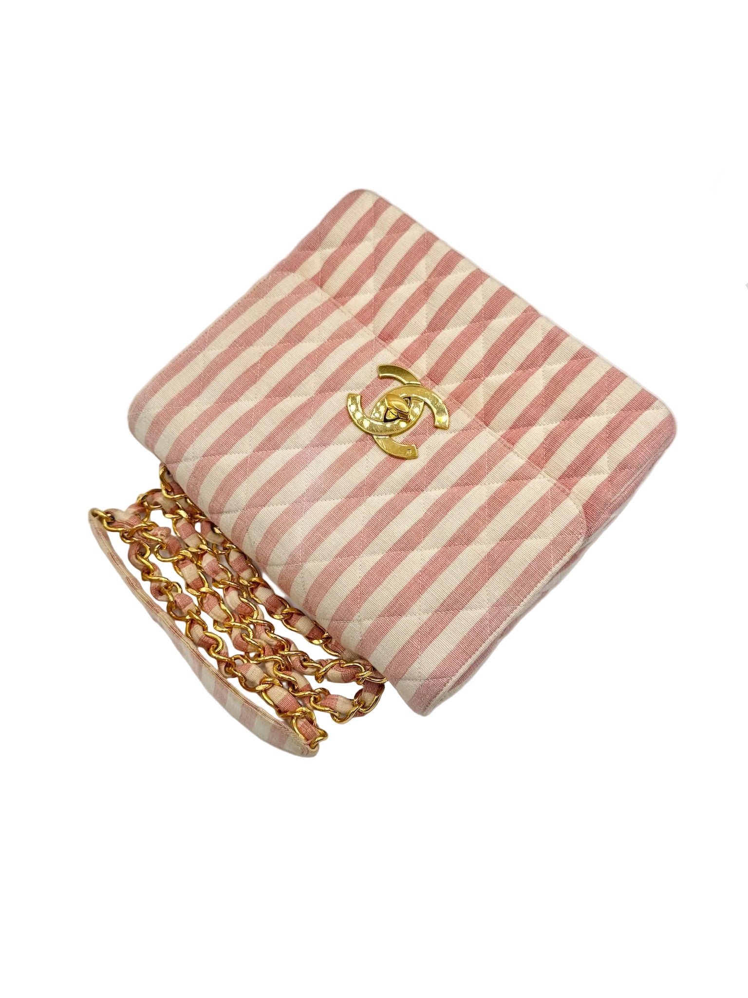 CHANEL 1990s Vintage Pink and White Stripe Flapbag