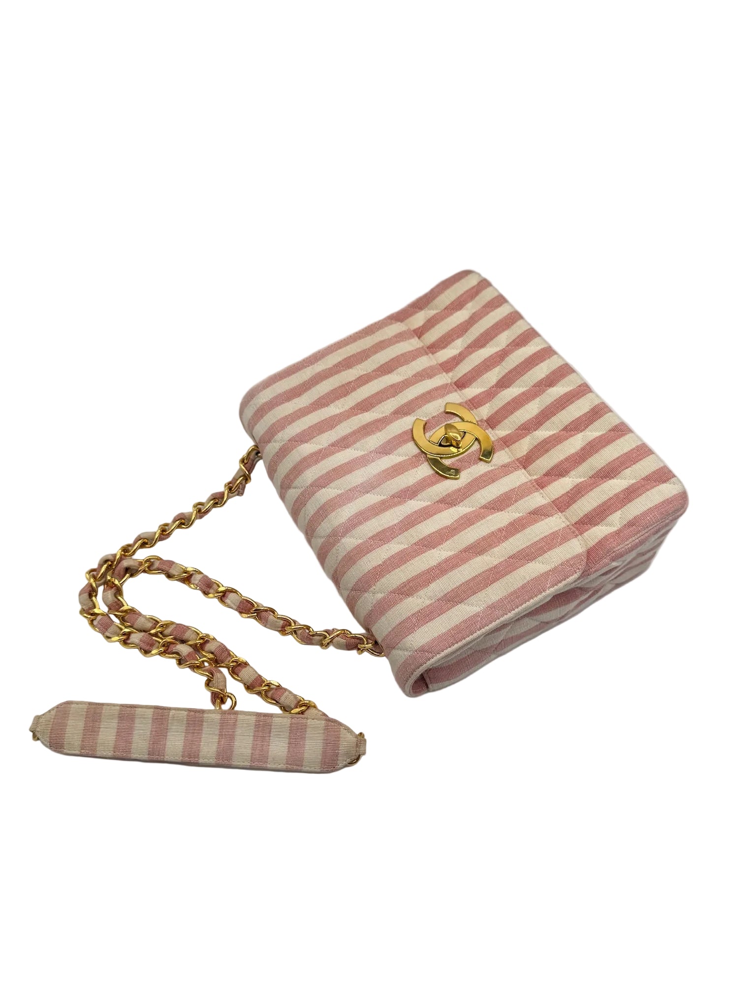 CHANEL 1990s Vintage Pink and White Stripe Flapbag