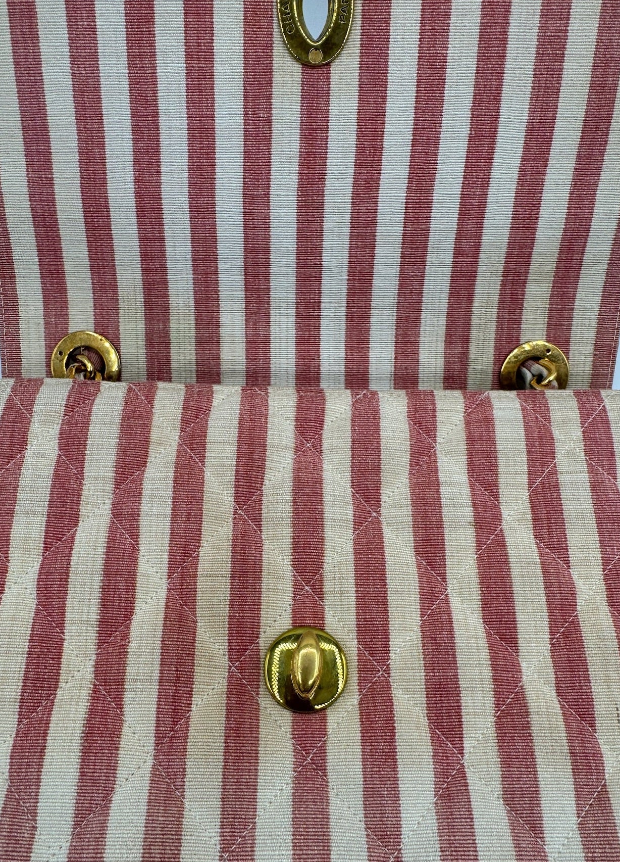 CHANEL 1990s Vintage Pink and White Stripe Flapbag