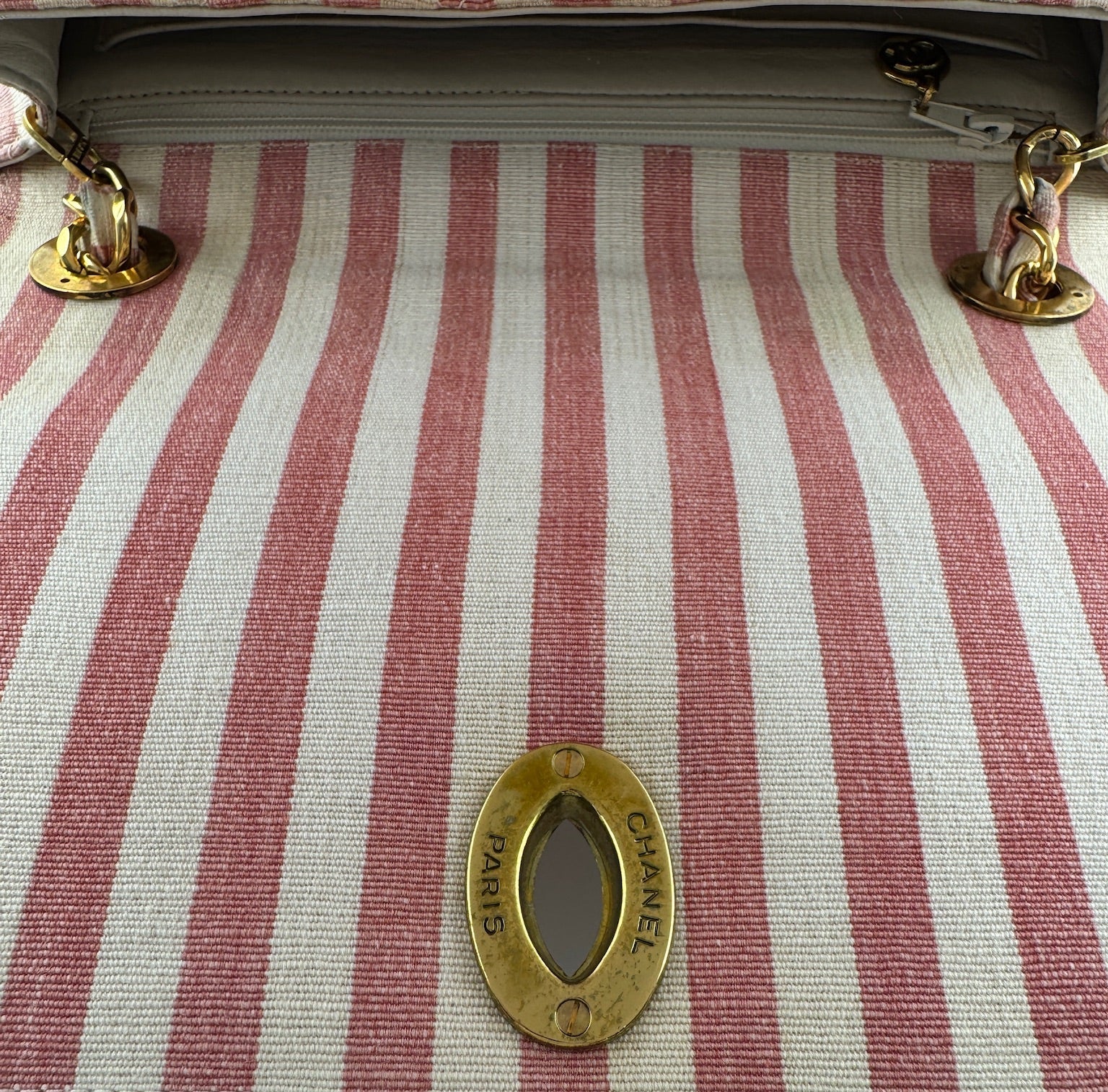 CHANEL 1990s Vintage Pink and White Stripe Flapbag