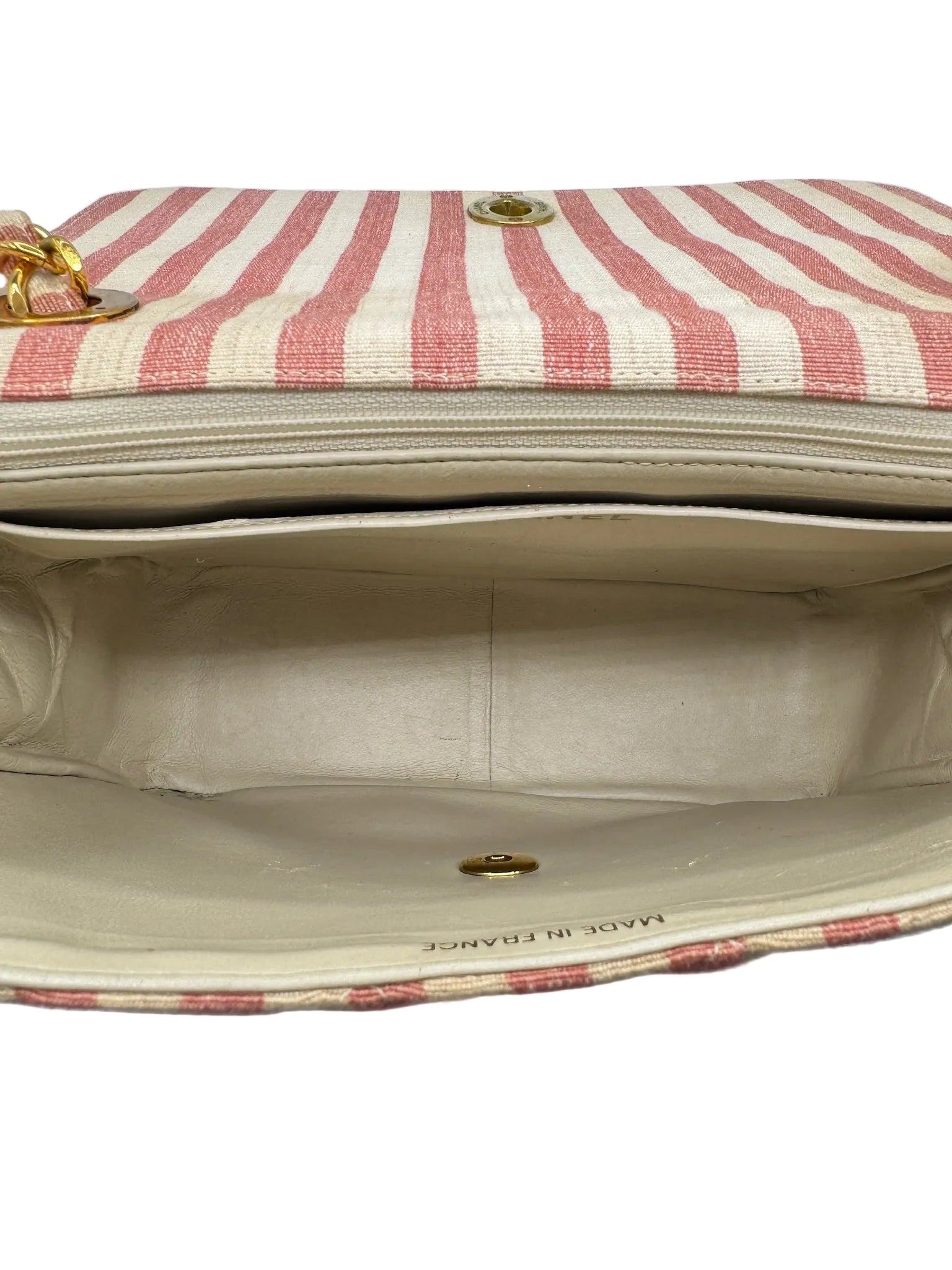 CHANEL 1990s Vintage Pink and White Stripe Flapbag