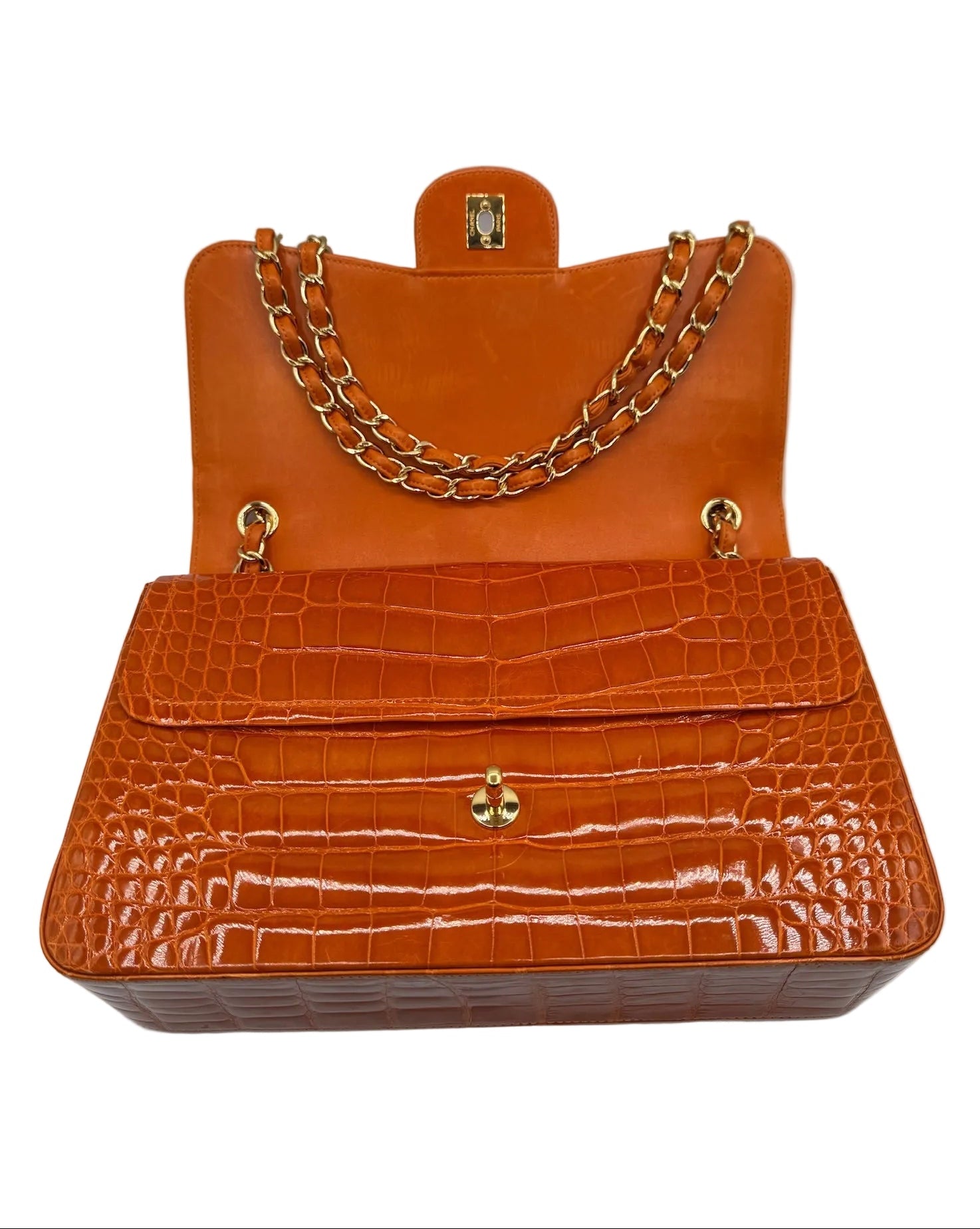 Chanel Orange Alligator Large Classic Double Flapbag