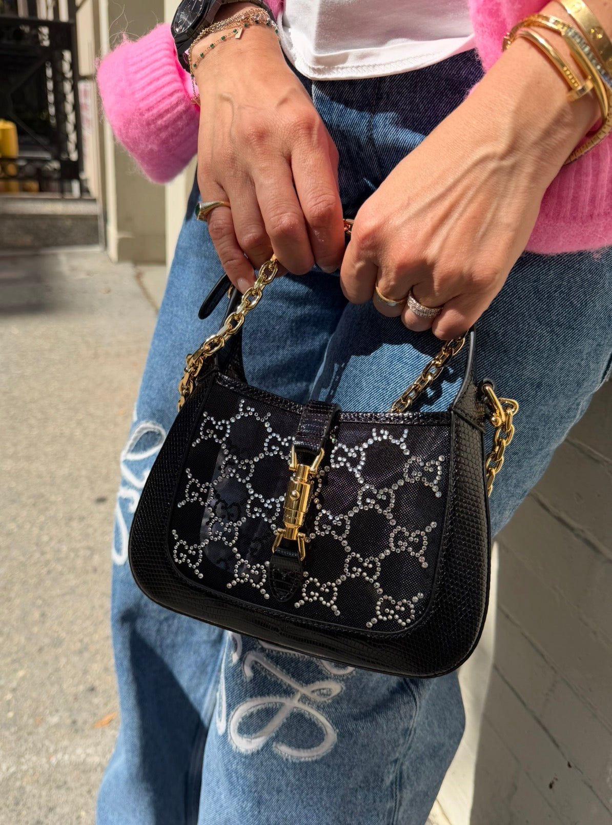 Gucci Mini Jackie Black Lizard Bag with GG Crystals