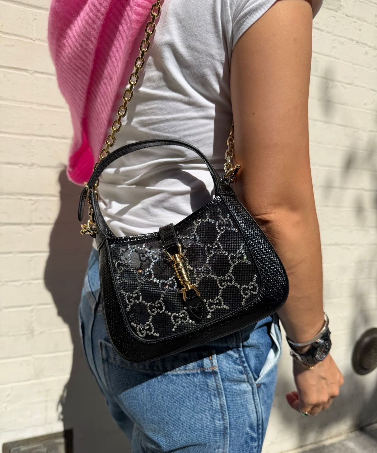 Gucci Mini Jackie Black Lizard Bag with GG Crystals
