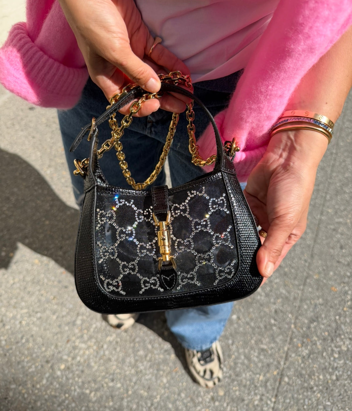 Gucci Mini Jackie Black Lizard Bag with GG Crystals