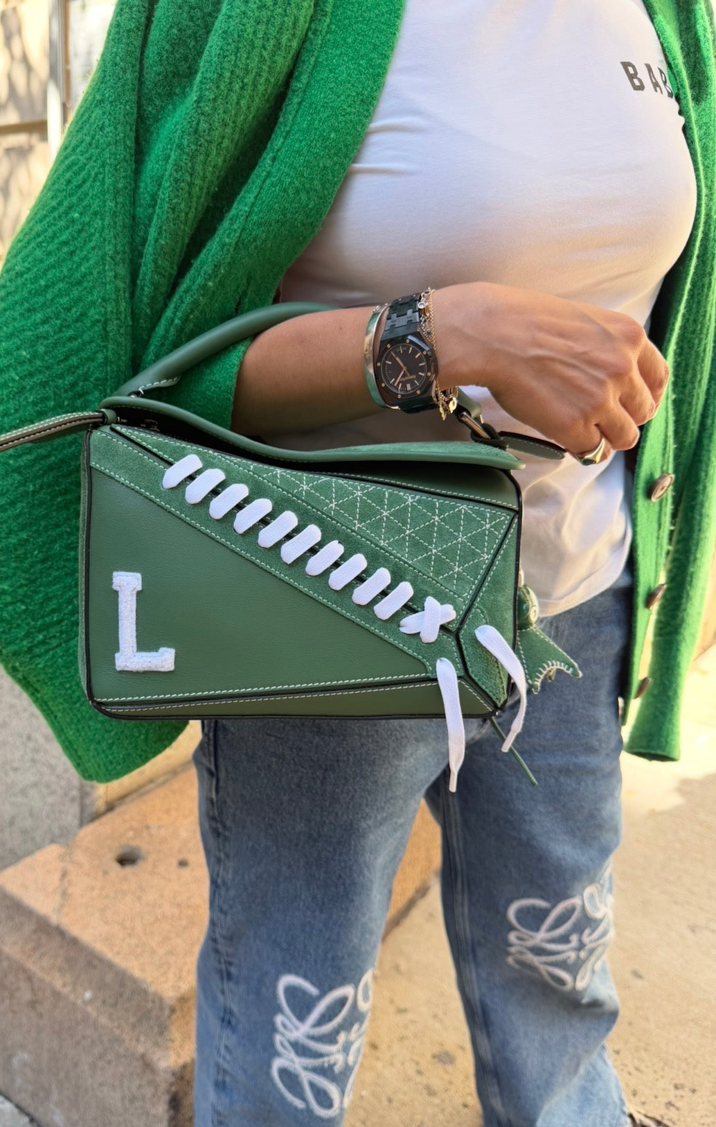 Loewe Green Suede Puzzle 10 Varsity Bag