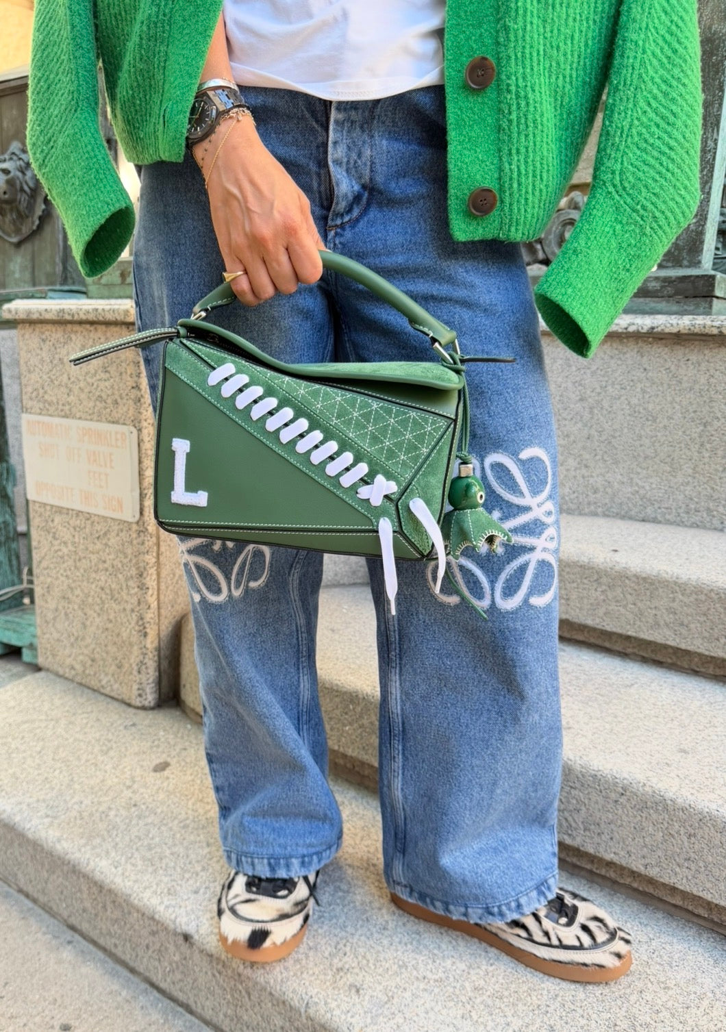 Loewe Green Suede Puzzle 10 Varsity Bag