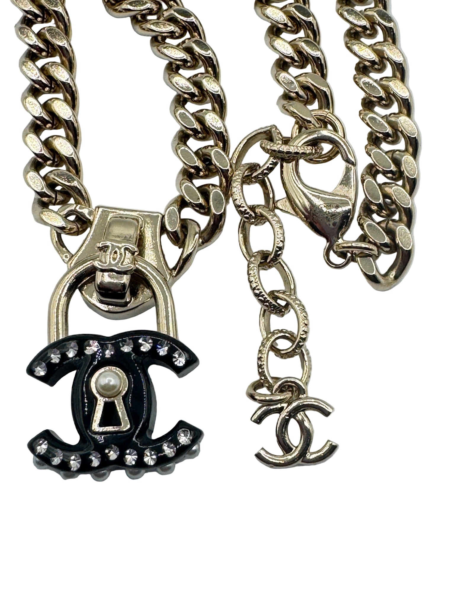 Chanel Black CC Lock Gold Necklace