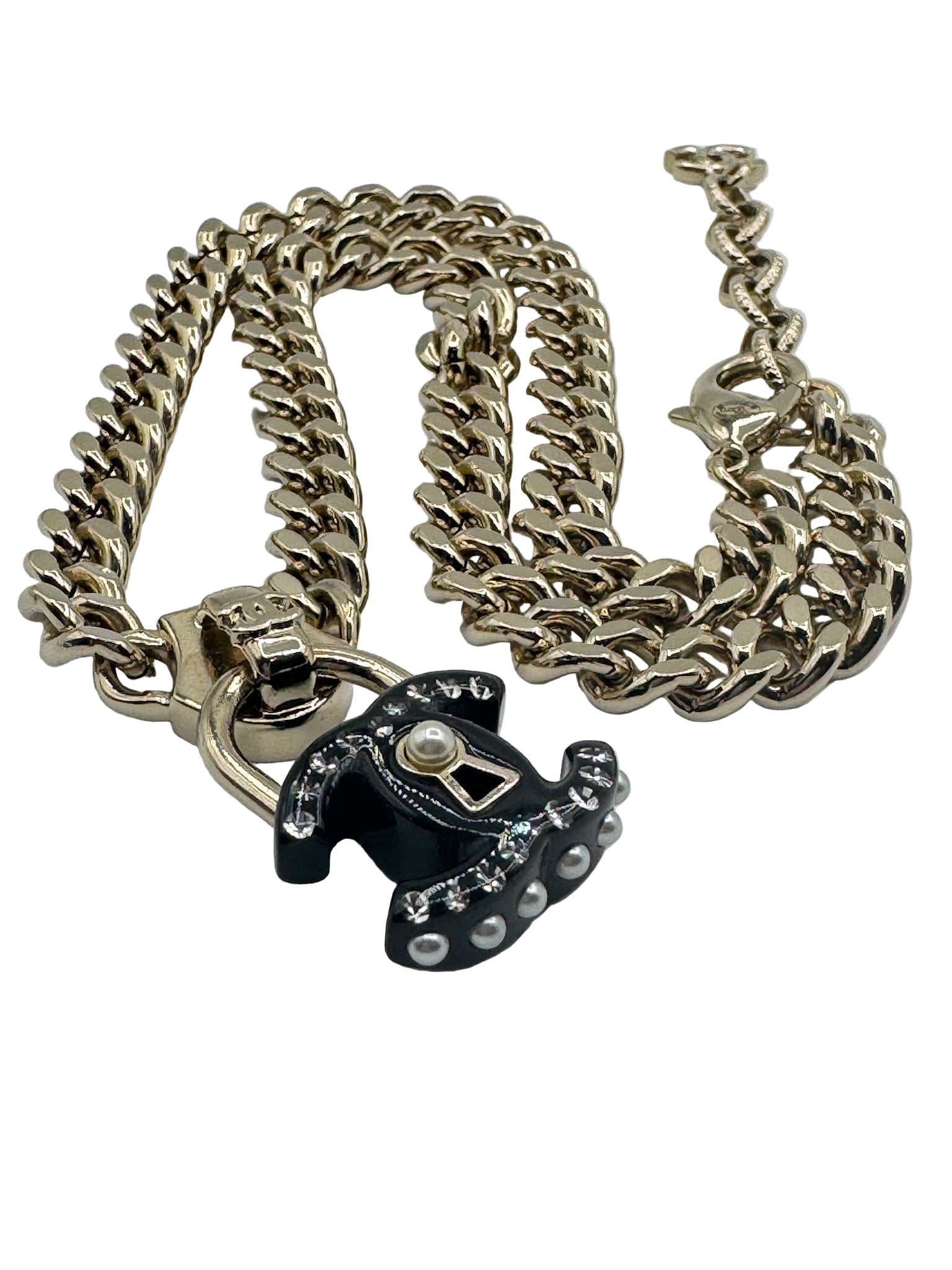Chanel Black CC Lock Gold Necklace