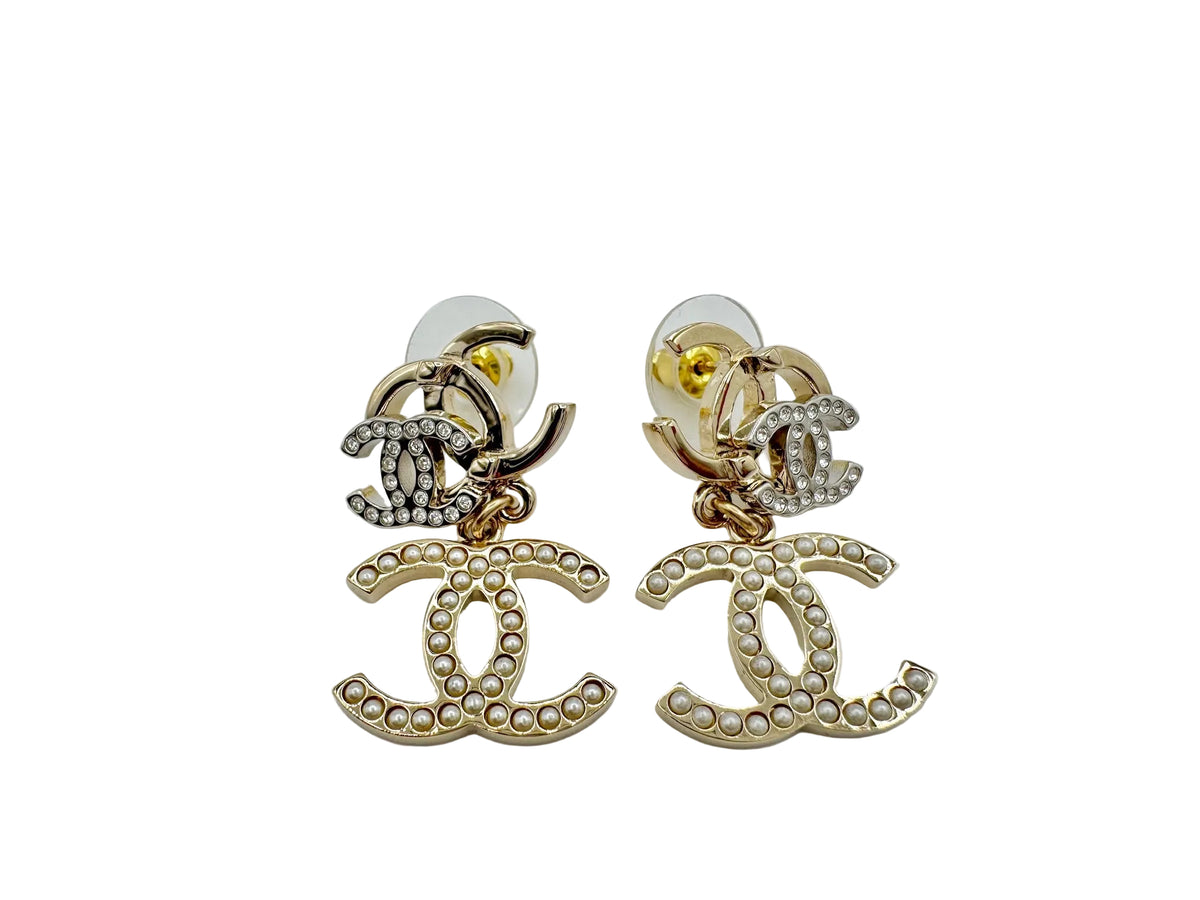 CHANEL Gold Triple CC Logo Earrings