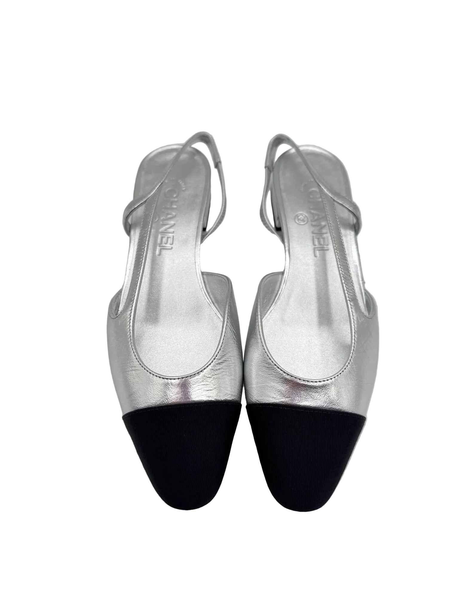 CHANEL Silver Metallic Slingback Flats
